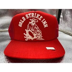Vintage Gold Strike Inn Trucker Hat Mens OSFA Red Mesh Snapback Casino Souvenir